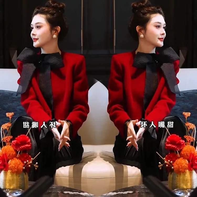 法式名媛风气质两件套女2025早春款精致蝴蝶结丝绒连衣裙+短外套