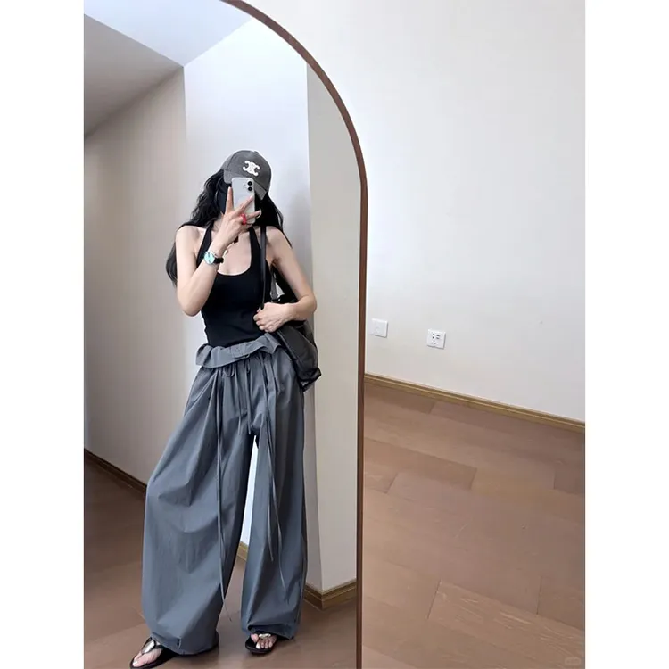 甜酷休闲百搭简约时尚黑色吊带背心外穿高腰设计感花边垂感直筒裤