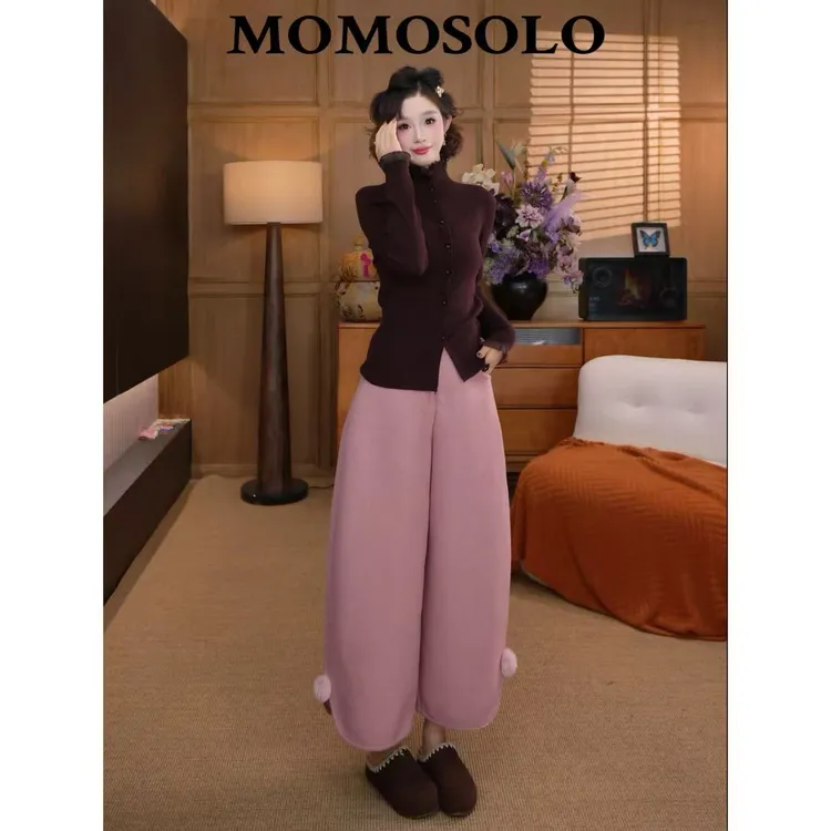 •兔鞠•2025秋冬羊驼毛加厚獭兔毛球毛呢保暖弯刀廓形九分裤259538