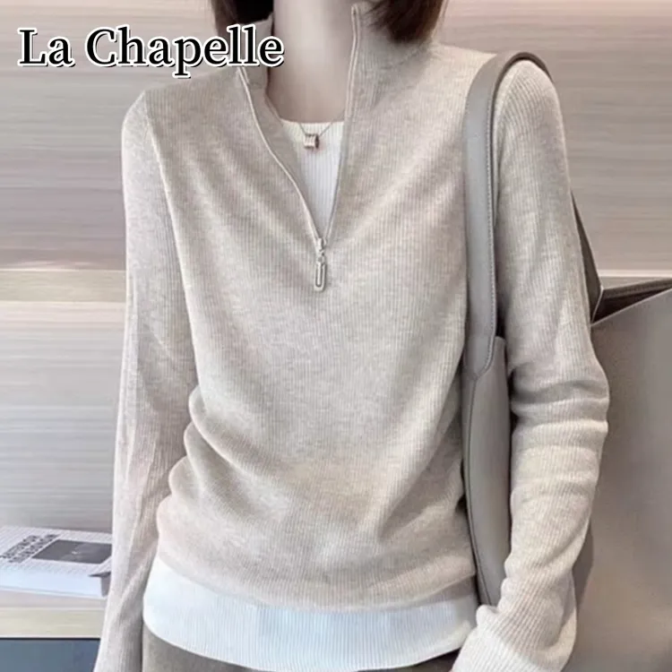 拉夏贝尔秋季新款半拉链假两件针织衫女韩版百搭宽松显瘦翻领上衣