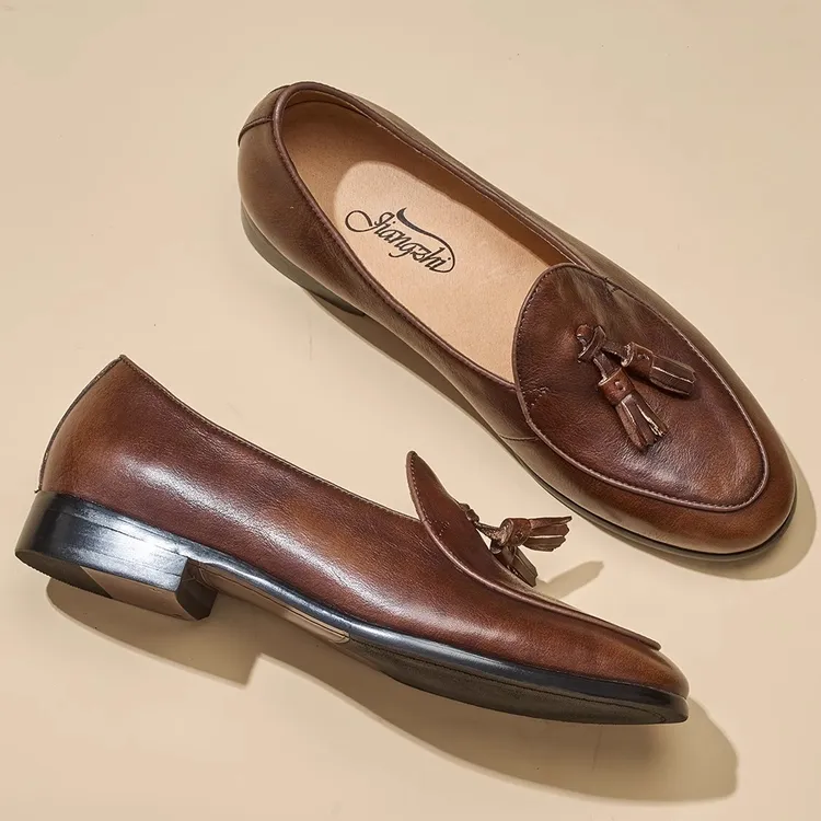 流苏乐福鞋男春季新款英伦复古休闲皮鞋软面真皮一脚蹬懒人豆豆鞋