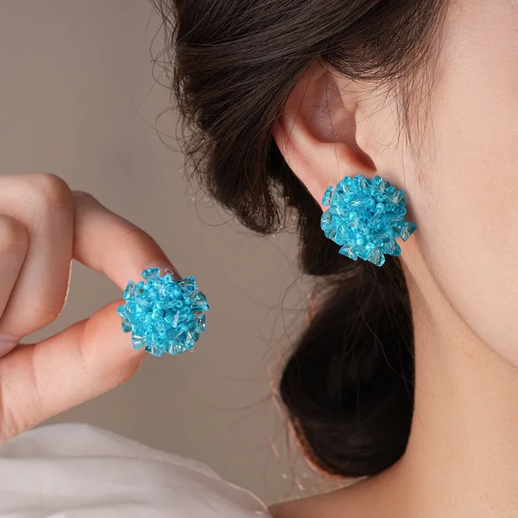 铜合金耳饰 夏天蓝色串珠耳钉原创设计复古简约唯美显白度假耳环