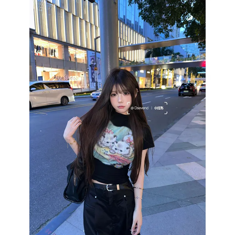 美式辣妹卡通猫咪印花正肩短袖t恤女夏季短款修身显瘦上衣打底衫