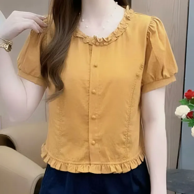 2025年夏季新款花边圆领短袖衬衫减龄显瘦洋气百搭设计感上衣女潮