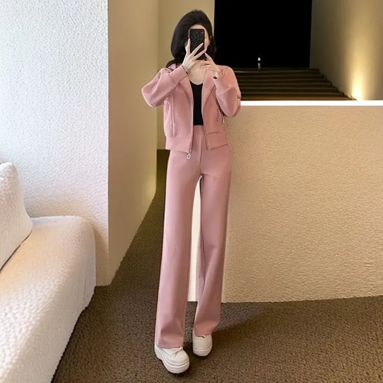 时尚气质休闲套装女2025春秋新款洋气减龄连帽外套阔腿裤两件套装