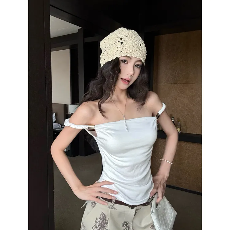 复古抹胸辣妹性感百搭白色女装两穿扭结无袖修身显瘦个性上衣外穿