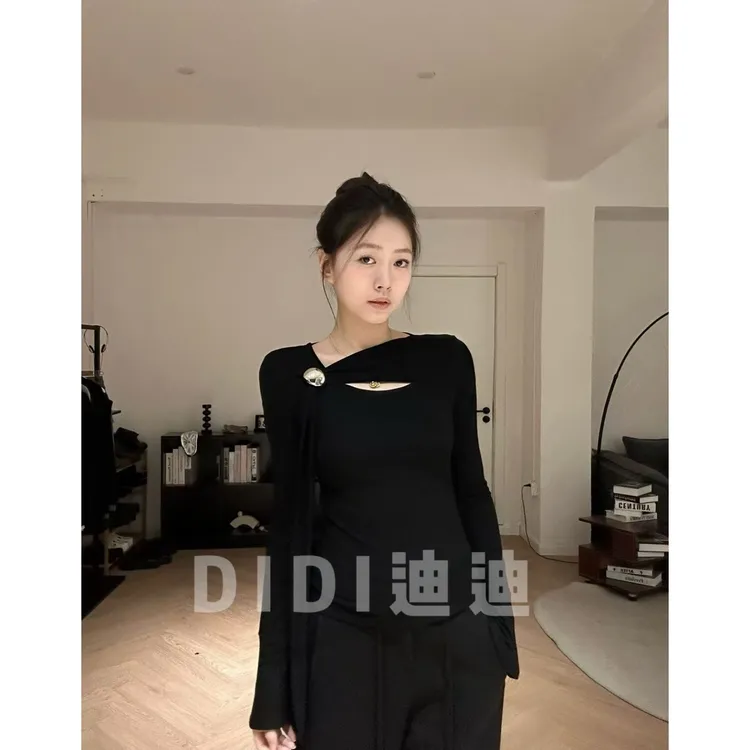 【DIDI】纯欲辣妹斜肩不规则飘带长袖T恤女秋季修身显瘦设计上衣
