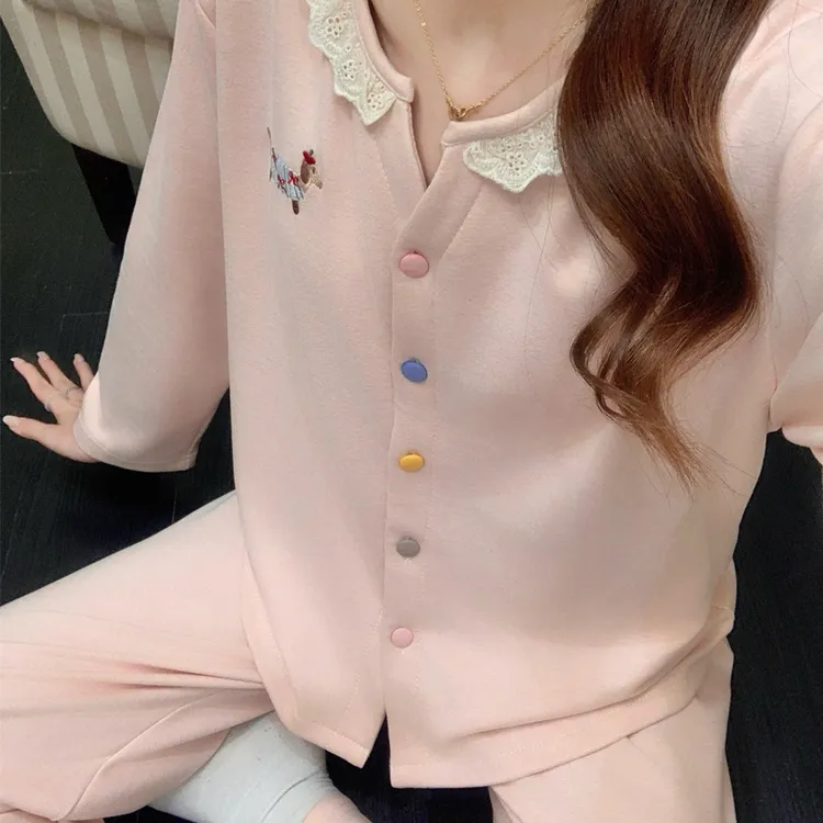 秋冬季开衫女睡衣加绒卡通小香风学生绵羊绒家居服带胸垫外穿套装