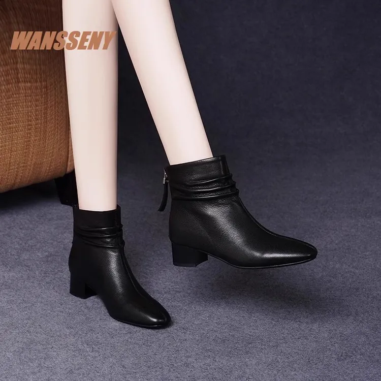 WANSSENY2025年新款秋冬季牛皮小短靴女粗跟真皮单靴软皮妈妈皮鞋