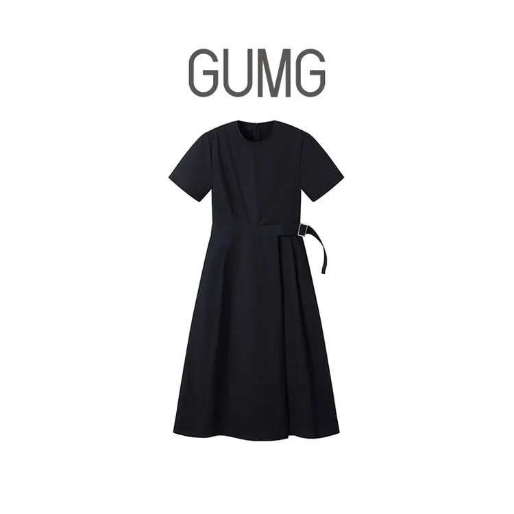 GUMG-学院风经典圆领腰带美甲赫本风修身连衣裙裙子2407770285