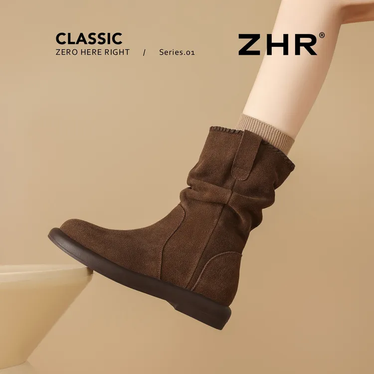 ZHR/则则真皮短靴女2025冬新款美拉德软底堆堆靴小个子西部骑士靴