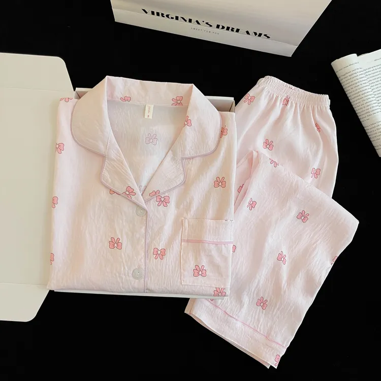 粉蝴蝶结少女睡衣女春秋季云朵棉长袖长裤学生可爱卡通家居服套装