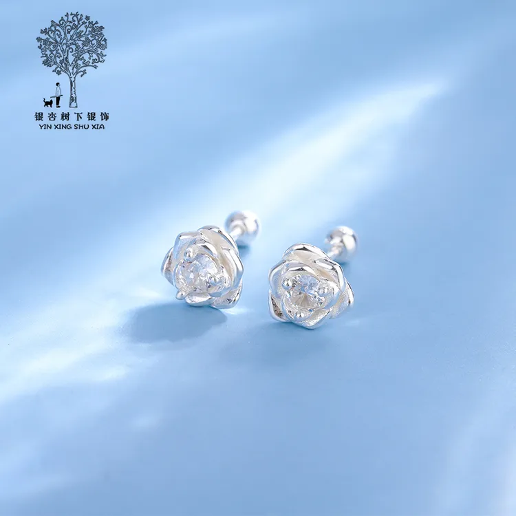 足银耳饰 999银玫瑰花耳钉夏季女小众设计螺丝带帽耳钉轻奢高级