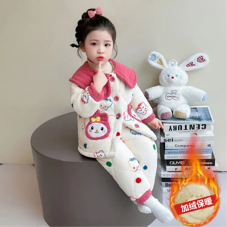 儿童睡衣冬季珊瑚绒三层夹棉加绒加厚女孩宝宝套装女童冬款家居服
