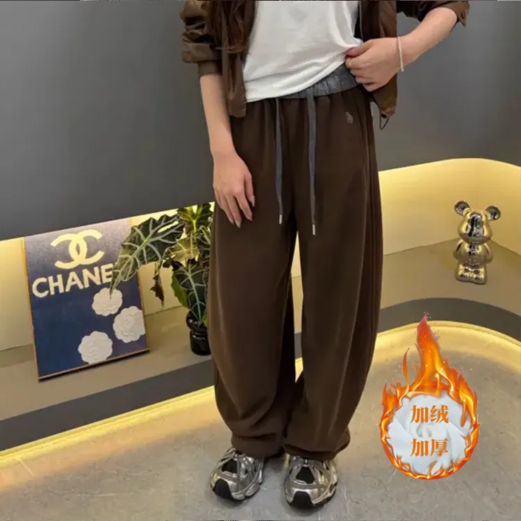 【加绒加厚】刺绣小标拼色高腰高定美式弯刀阔腿裤显瘦休闲裤T2559