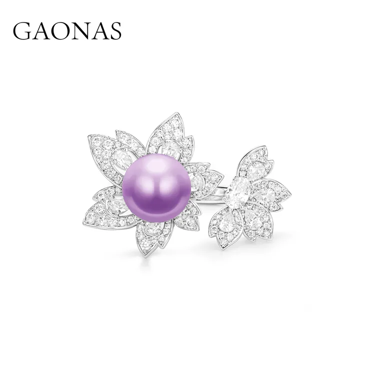 GAONAS 925银仿珍珠戒指 星空紫花朵设计紫色珠开口戒11453JPR