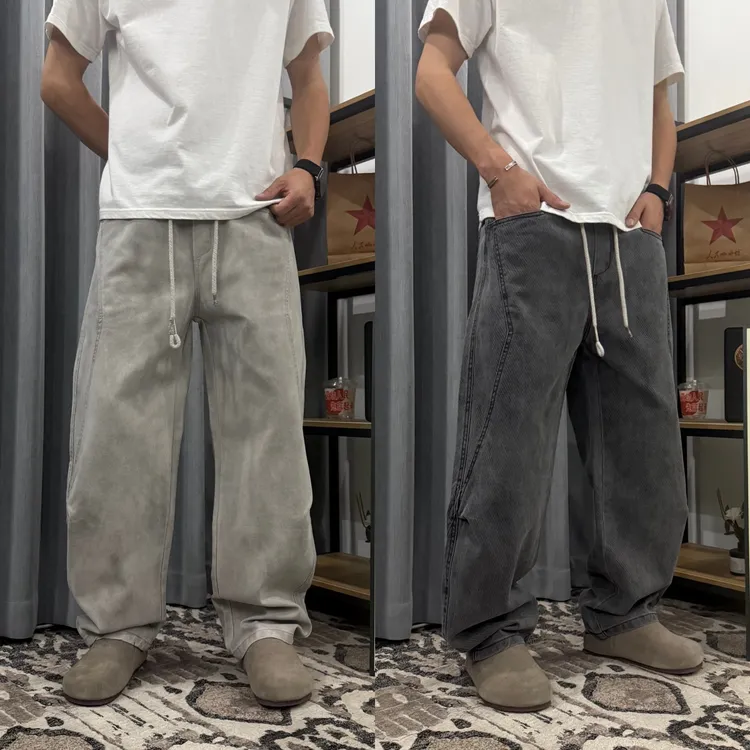 美式潮牌斜纹磨毛拼接牛仔裤男士2025秋季新款宽松百搭休闲弯刀裤
