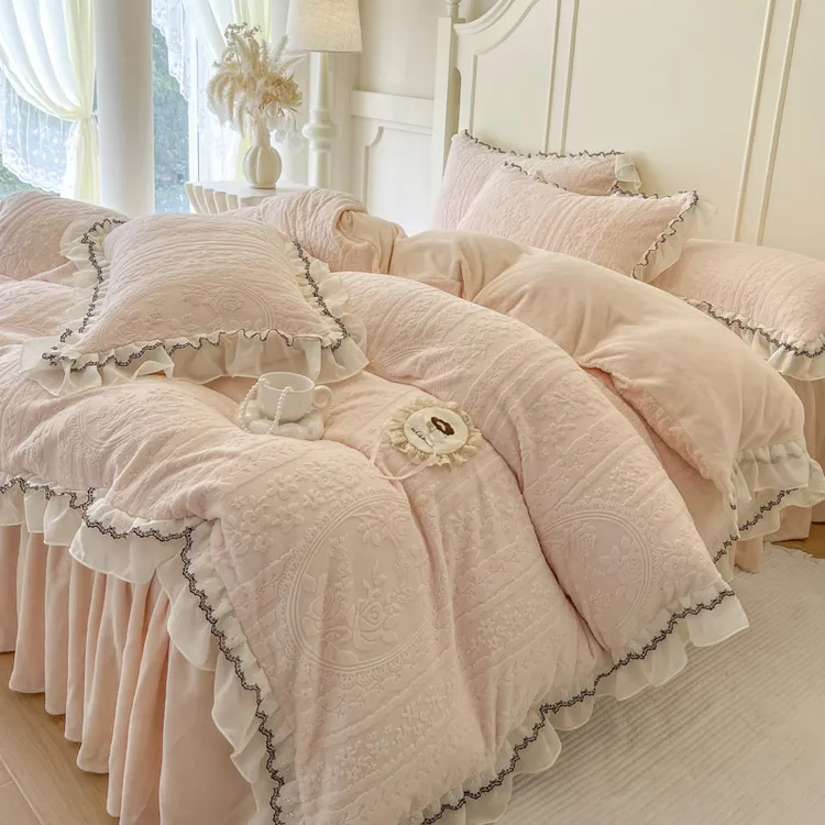 新款高克重加厚保暖牛奶绒床裙款四件套双面加绒花边被套床单床罩