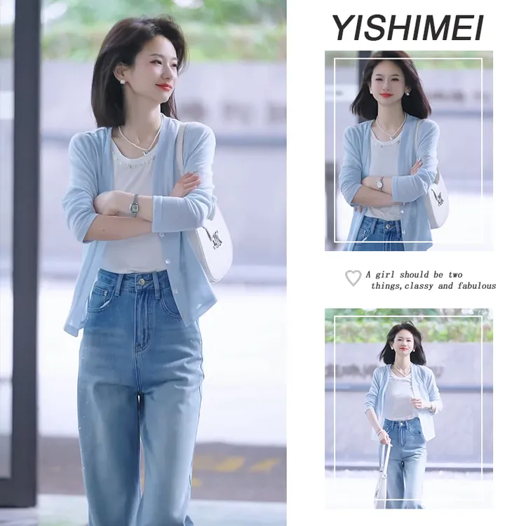 春夏时尚穿搭2025年新款韩系百搭短袖t恤防晒开衫牛仔裤三件套装