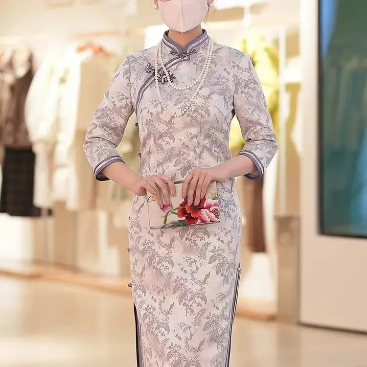 金吴针中长款日常提花植物花卉显瘦女士旗袍气质七分袖春秋款