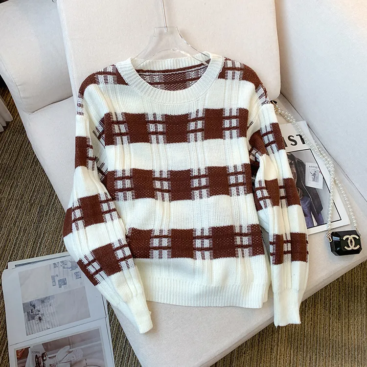 实拍2025秋装新款韩版休闲圆领条纹套头百搭针织衫上衣秋冬毛衣女