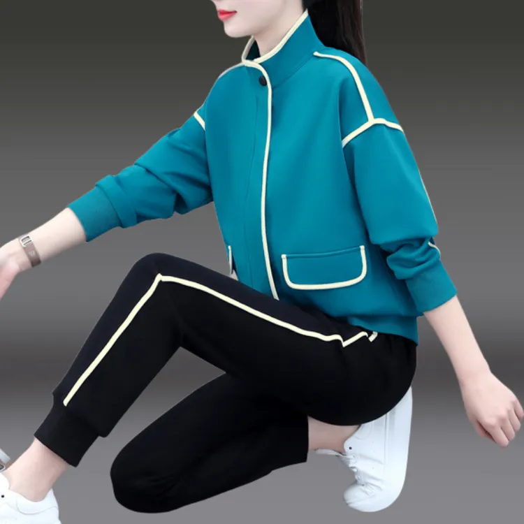 孔雀蓝时髦运动套装女春秋季百搭流行好看的跑步服减龄显瘦妈妈装