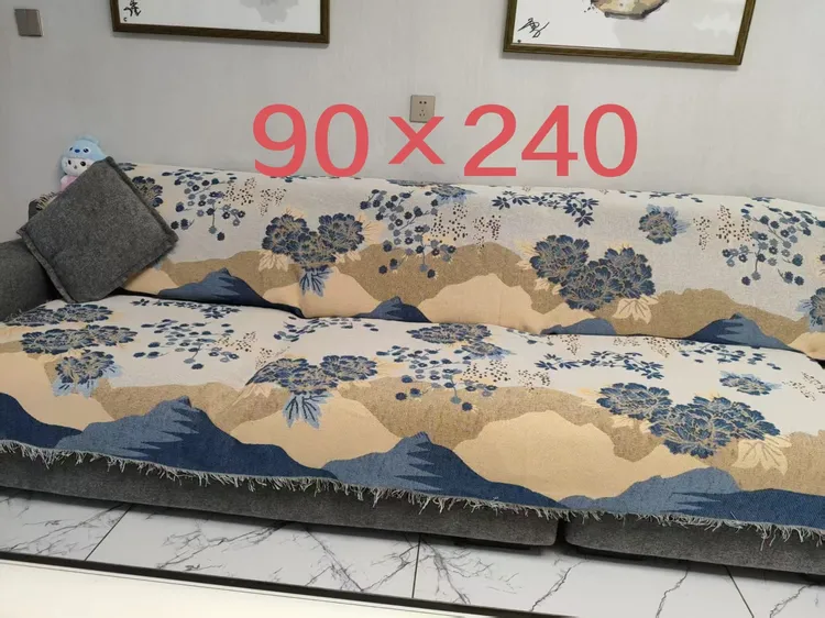 【三人座】山水牡丹90*240±5cm加流苏沙发巾沙发垫防滑四季款