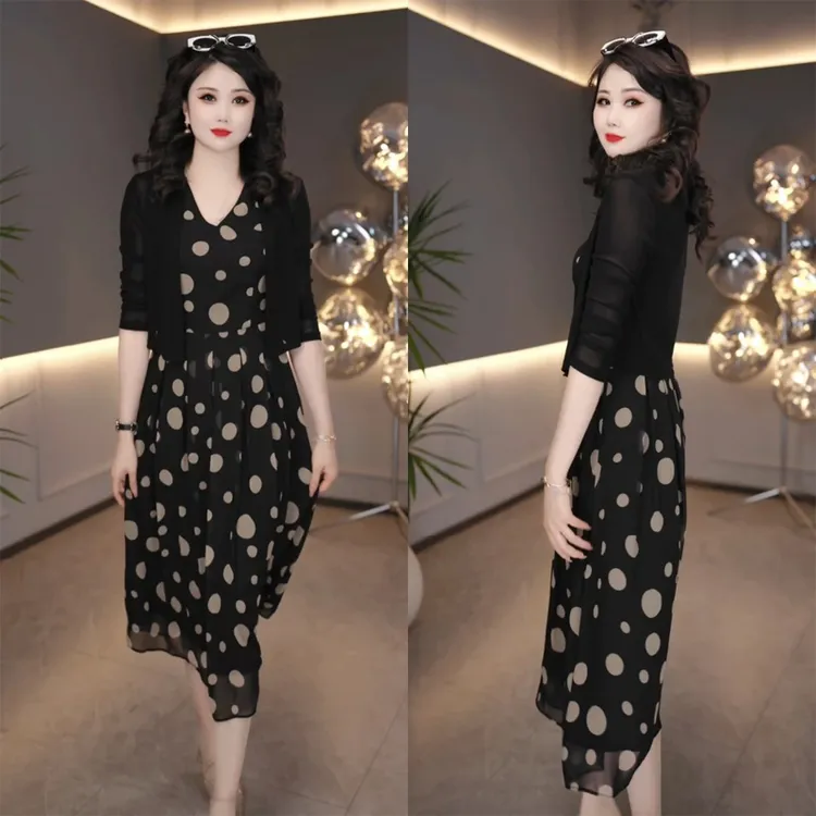 气质轻熟风套装女2025春秋新款气质黑色时髦外套波点连衣裙两件套