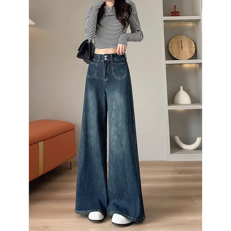 300斤大码女装水洗高腰阔腿弹力牛仔裤胖mm蓝色百搭休闲直筒长裤