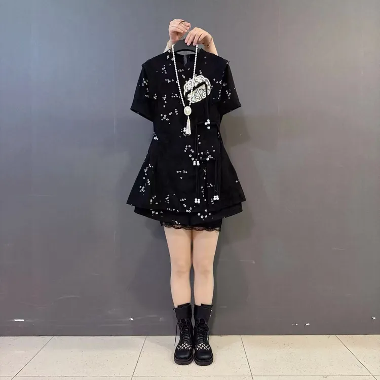 国风盘里立领中长款亮片上衣短裤胖MM新中式复古两件套