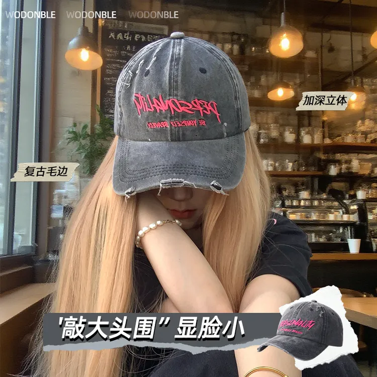 雾敦堡棒球帽复古帽子大头围显脸小女款做旧鸭色帽百搭刺绣磨边