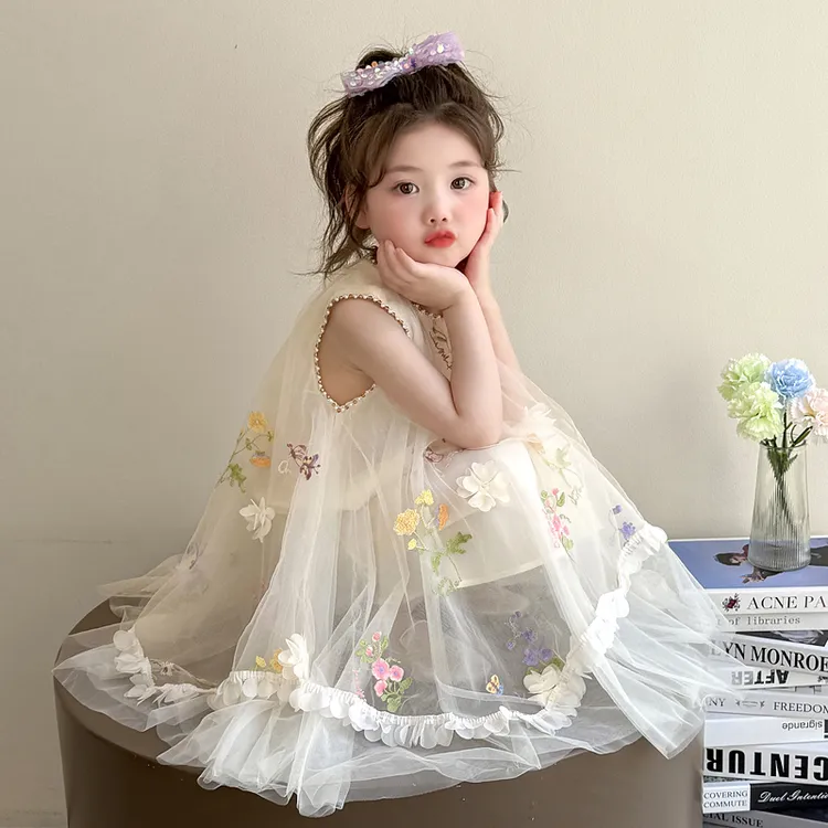 女童2025新款洋气刺绣花朵公主风珍珠连衣裙儿童夏季裙子纱裙仙气