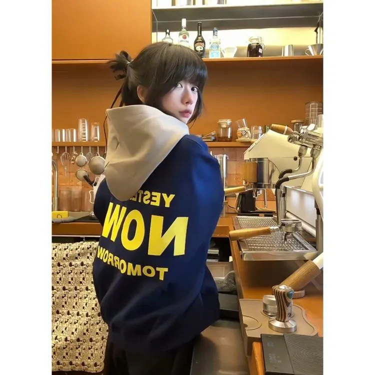 Oaoo美式撞色拼接连帽卫衣男春季高级感潮牌重磅印花情侣帽衫上衣