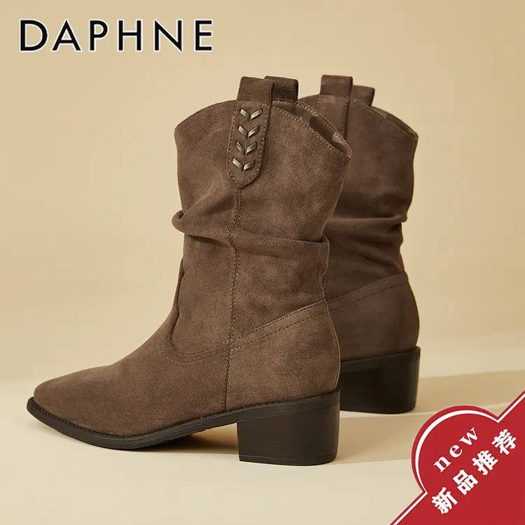 达芙妮美拉德高跟短靴女款2025秋季新款复古百搭中筒靴V口堆堆靴