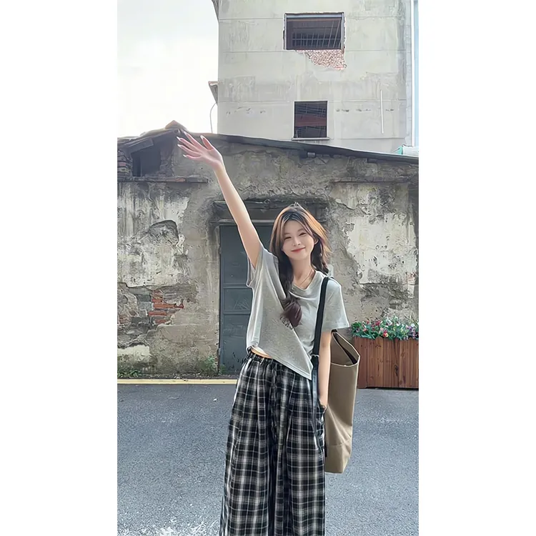 2025新款女士夏季美式复古灰色卡通印花短袖T恤上衣宽松阔腿裤