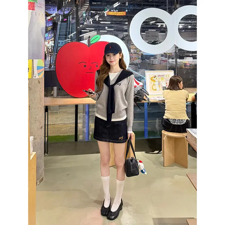 秋冬独特绝美漂亮韩系chic别致减龄学院风假两件上衣半身裙套装女
