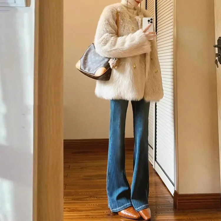 蓝色设计感小个子微喇牛仔裤女2025秋冬新款百搭加绒气质显瘦喇叭