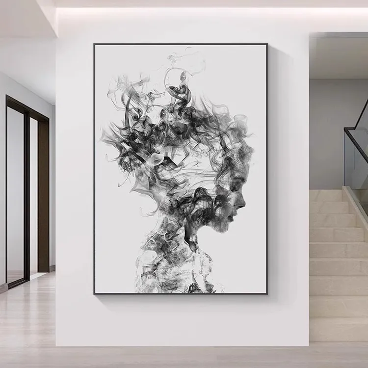 理发店发廊挂画艺术网红抽象人物墙面壁画黑白灰创意美发店装饰画