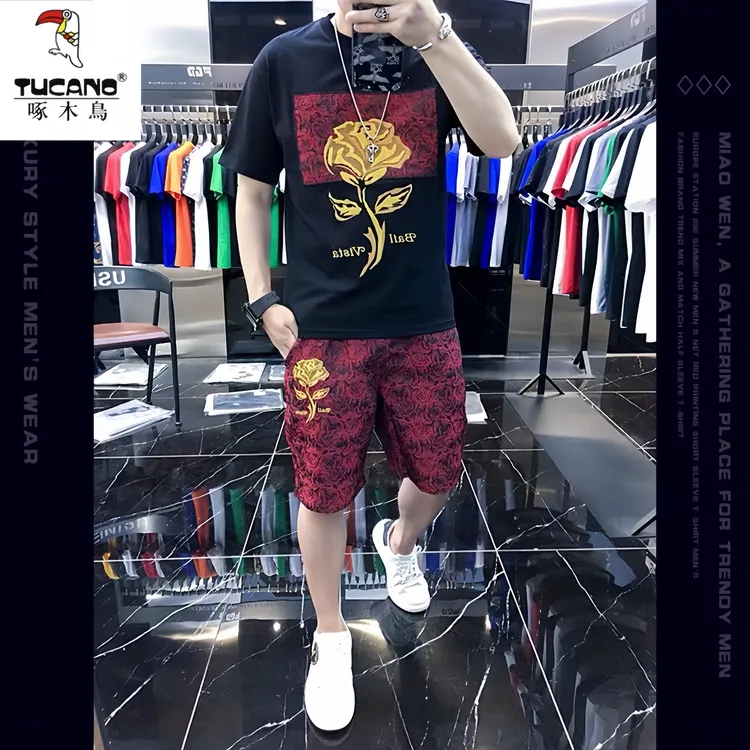 啄木鸟2025夏季爆款男士短袖T恤短裤套装休闲时尚潮流潮流宽松