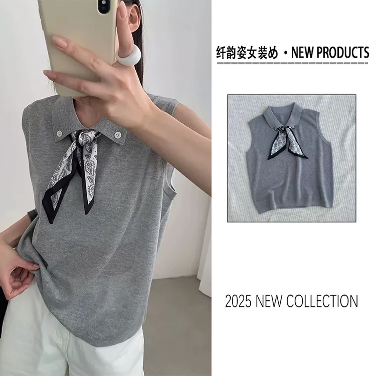 气质减龄Polo领无袖针织衫2025夏季新款小众设计感显瘦遮肉上衣女