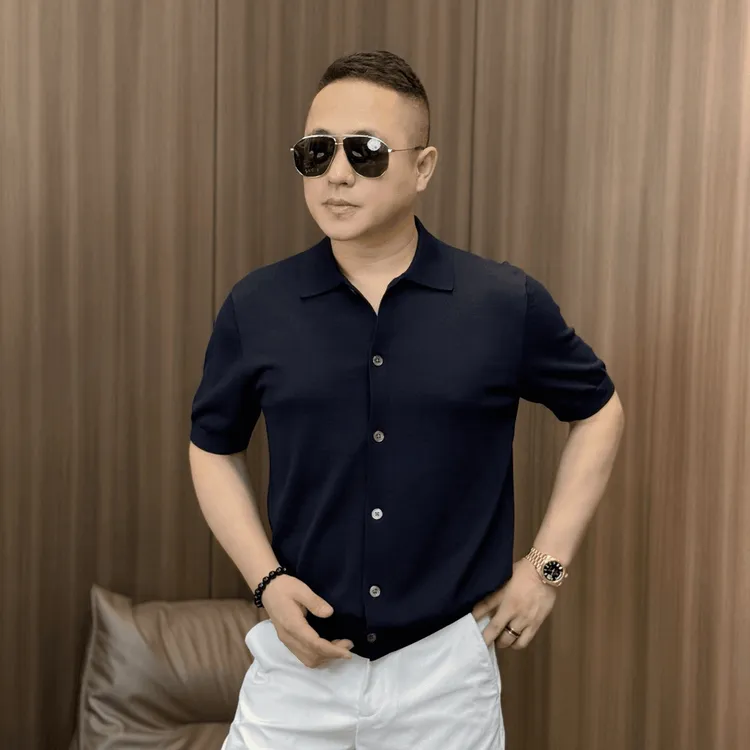 商务休闲透气纯色短袖单排扣开衫男士秋季时尚百搭天丝针织衫半袖