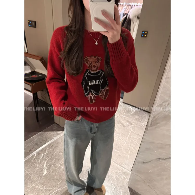 【LIUYI】冬季羊毛小熊提花圆领套头毛衣51204A8