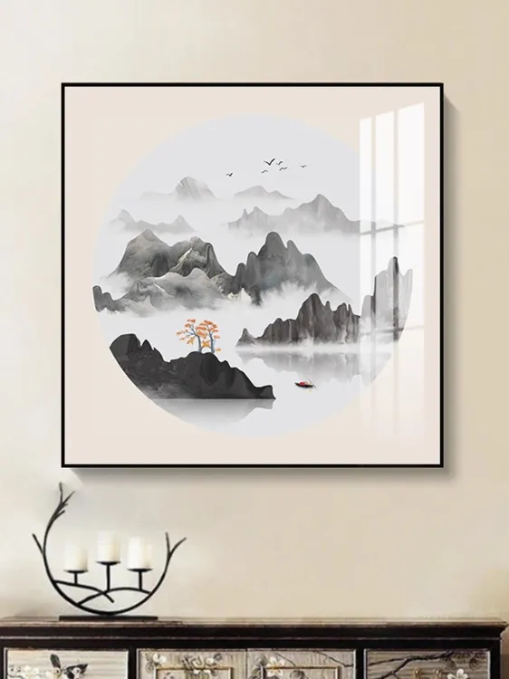 玄关山水装饰画新中式风景画走廊过道壁画客厅方形餐厅办公室挂画