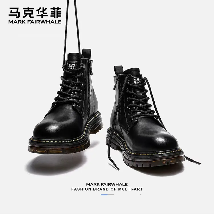 马克华菲男士马丁靴冬季加绒保暖工装靴新款情侣靴子爆款黑色皮靴