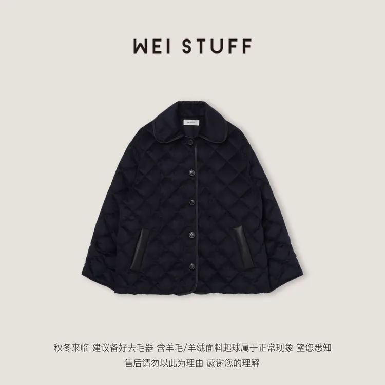 WEI STUFF藏青菱格拼羊皮95白鹅羽绒服 10493.
