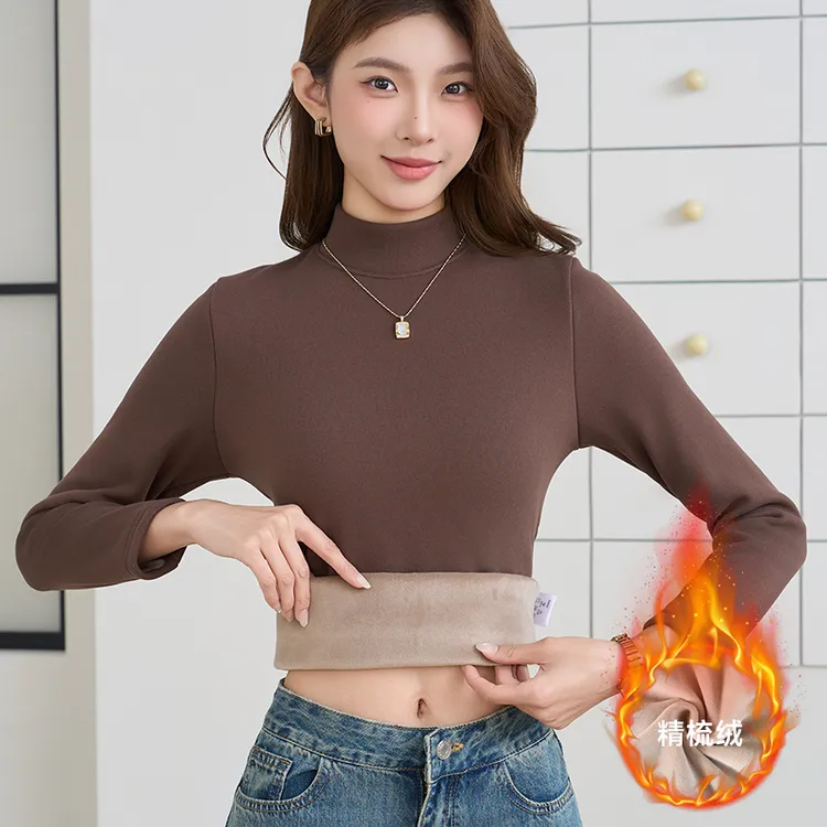 加绒加厚半高领打底衫秋冬季女士保暖衣精梳绒中高领保暖上装