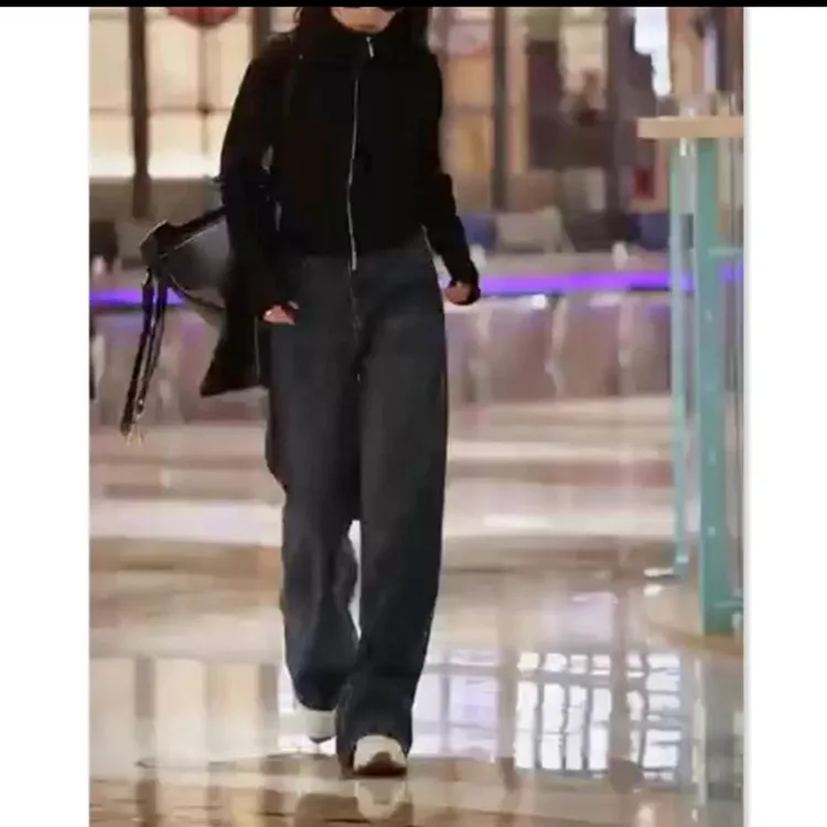 秋季新款百搭显瘦黑色阔腿直筒牛仔裤女小个子