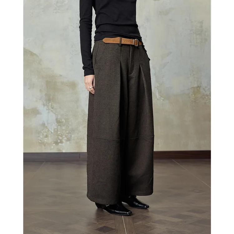 宽泛宽松阔腿休闲裤分割立体茧型气球裤弧度羊毛抓绒长裤秋冬