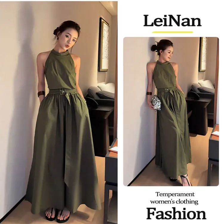 2025法式新款夏季立领套头无袖收腰显瘦长款绿色挂脖背心连衣裙女