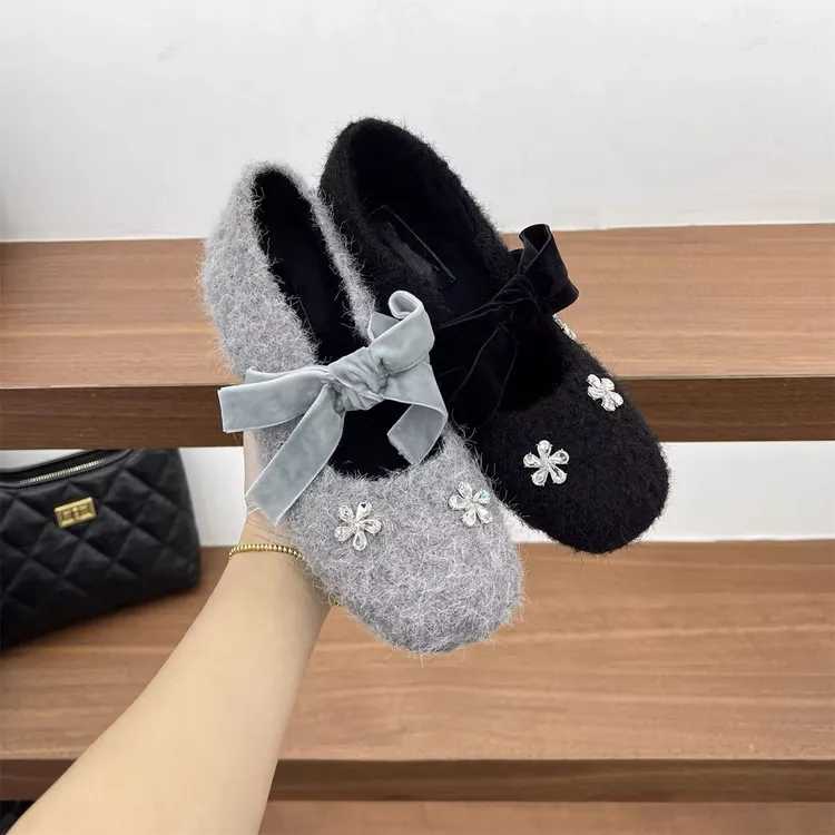 2025冬季加绒毛毛水钻玛丽珍鞋女一字系带新款内增高豆豆鞋晚晚鞋